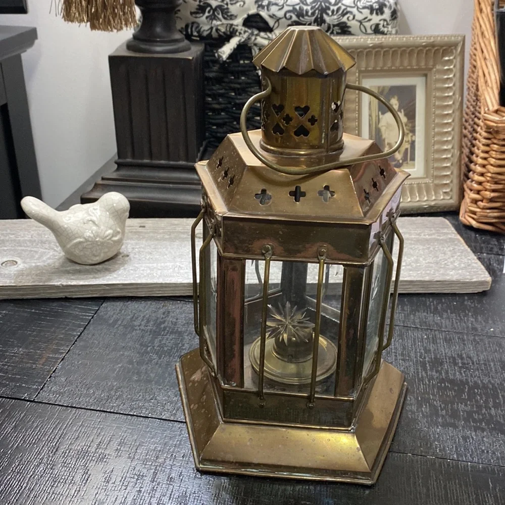 India Vintage Solid Brass Hexagonal Oil Lantern Decorative Accent!